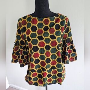Anthropologie Eri + Ali Top 3/4 Bell Sleeve Casual Honeycomb Watercolors - Sz S